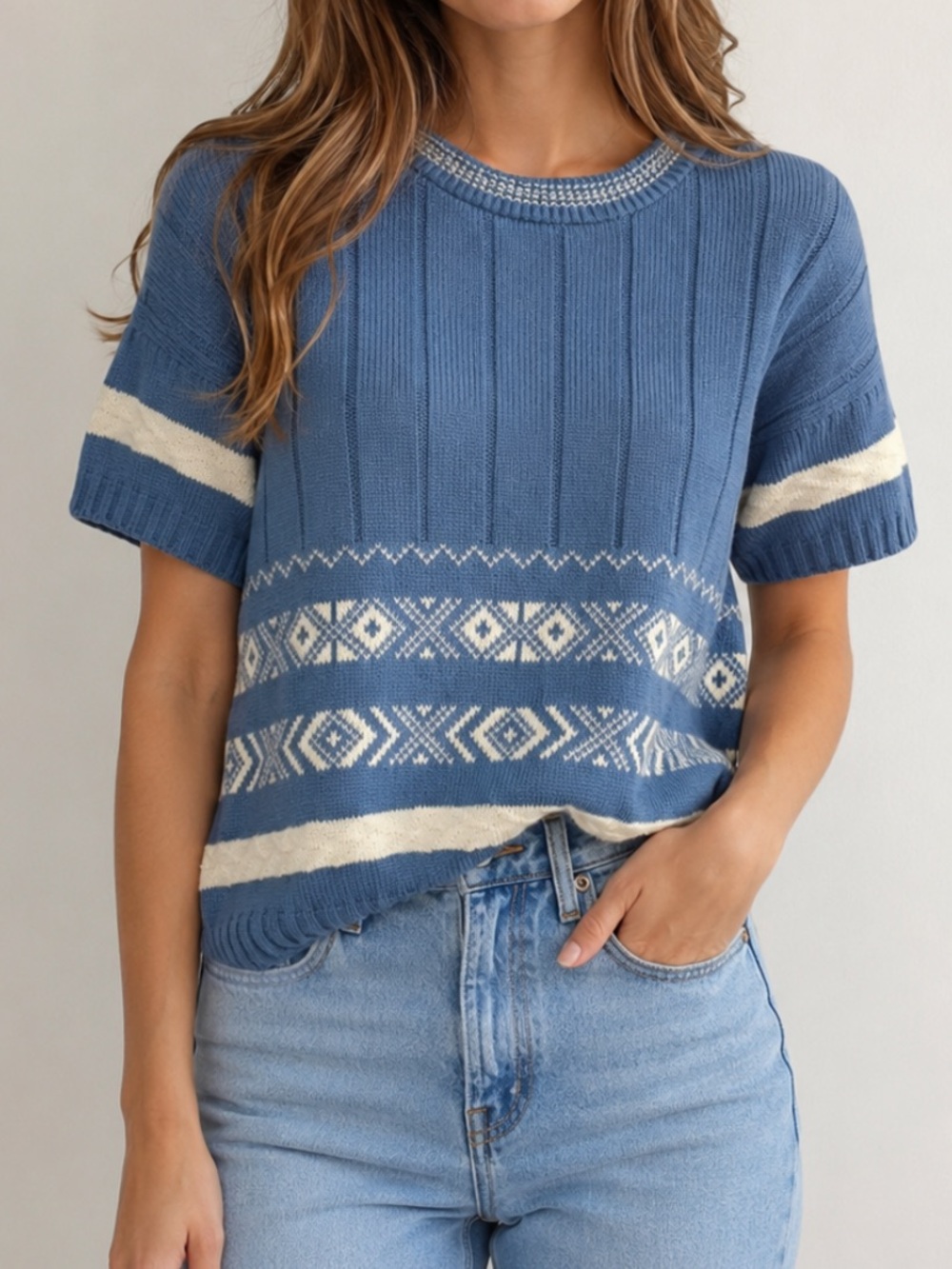 VINTAGE Bobbie Brooks Fair Isle Sweater Cottagecore Short Sleeve Ribbed Medium